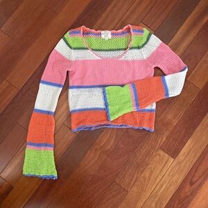 Striped Colorblock Crochet Sweater, Size Medium